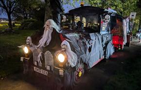 Swansea Bay Rider Land Train decorated as a ghost train for Halloween